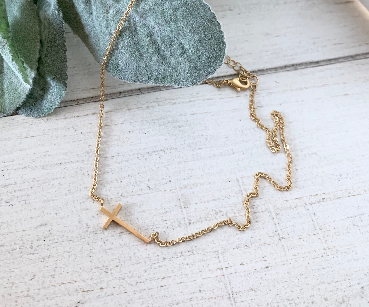 Sideways Satin Gold Cross Necklace