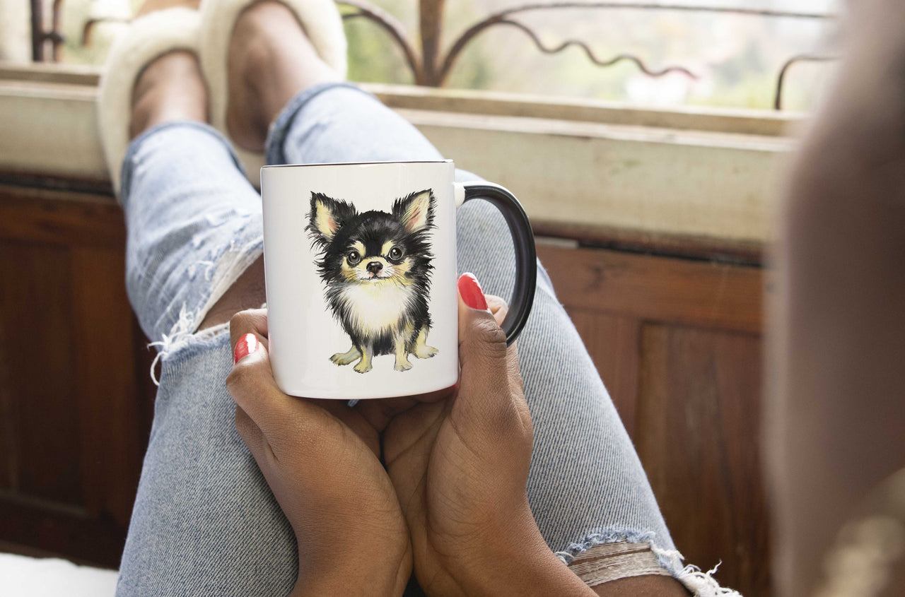 Regular (11 oz.) Watercolor Chihuahua Puppy Mug w/ Black Rim & Handle