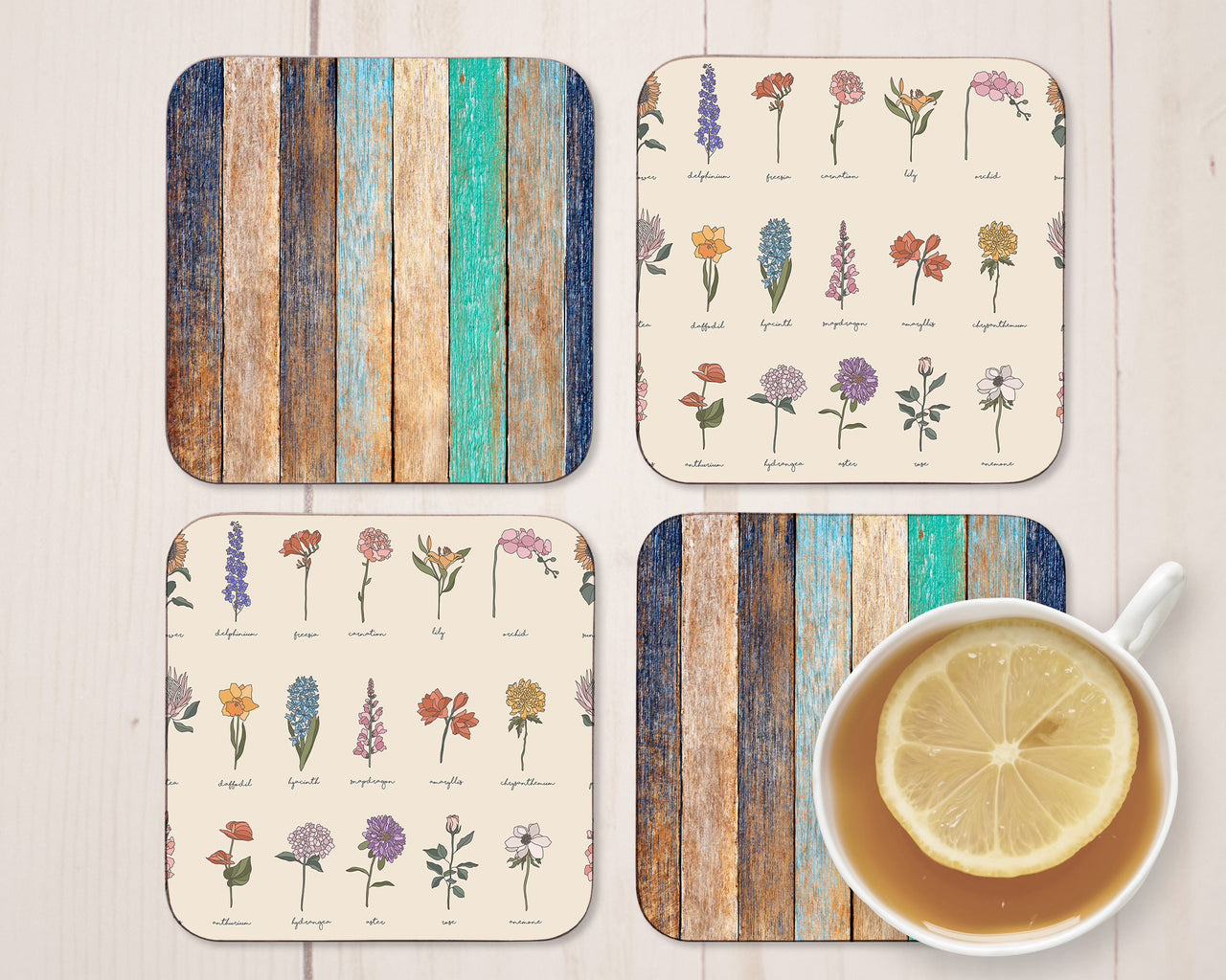 Hardboard Square Coasters - Set of 4 - Floral & Wood